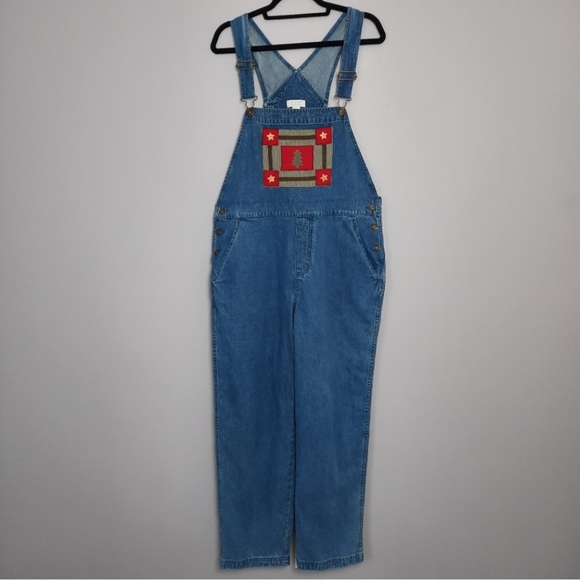 Vintage Christmas Tree Embroidered Denim Jean Overalls Women's size Large - Picture 1 of 13